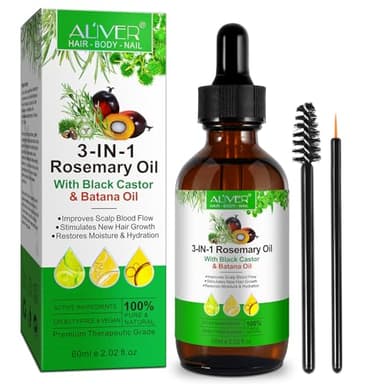 Olio di rosmarino 3 in 1, olio di ricino nero, olio di batana, olio per la crescita dei capelli, olio di rosmarino per capelli, corpo, 100% puro naturale, 60 ml