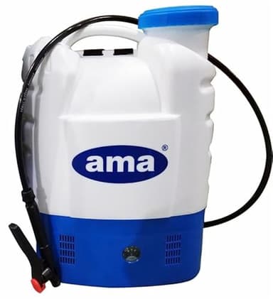 Ama Pompa a Spalla a Batteria 16 L - Irroratrice a Zaino per Giardinaggio e Agricoltura, Batteria al Litio 12 V 8 Ah, Lancia Telescopica 50-100 cm, 4 Bar, Bianco/Blu