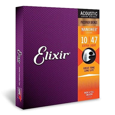 Corde per chitarra acustica bronzo fosforoso Elixir Strings con rivestimento NANOWEB, Extra Light (.010-.047)