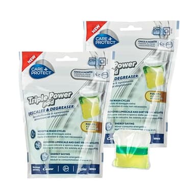 CARE + PROTECTDecalcificante e Sgrassante in Capsule Tripla Azione per Lavatrice - Lavastoviglie - Utilizzabile Durante il Ciclo Normale - Pulizia che Permette Risparmio Energetico - 12 Capsule.