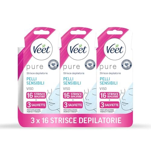Veet Pure Strisce Depilatorie Viso Ipoallergeniche, Ceretta Baffetti e Viso, Dermatologicamente Testate, 48 strisce (3 confezioni da 16)