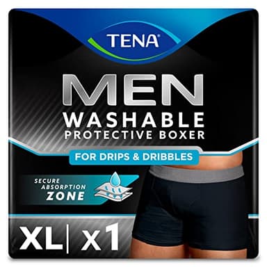 TENA MEN Boxer Protettivi Lavabili e Riutilizzabili, Studiati per Gocce e Perdite Urinarie Leggere, Boxer Assorbenti per Uomo a Rapido Assorbimento, Colore Nero, Taglia XL