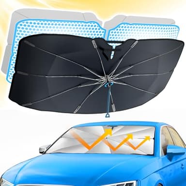 Parasole Anteriore per Auto 145 * 79CM, Behozel Ombrello per Parabrezza Rotazione di 360°, Pieghevole, Bordo Antigraffio, Protezione UV, Isolamento Termico, per la Maggior Parte delle Auto e SUV (XL)