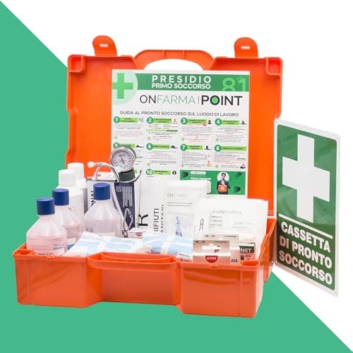 FARMA4 cassetta medica primo pronto soccorso COMPLETA DI MISURATORE DI PRESSIONE e CARTELLO DI PRIMO SOCCORSO conforme DM 388 allegato 1 per aziende con 3 o più lavoratori