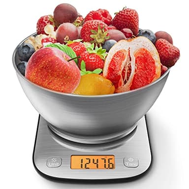 GRAM PRES Bilancia digitale da cucina con grado di impermeabilità IPX6, professionale, in acciaio inox, con ciotola per la perdita di peso, per la dieta e la cottura