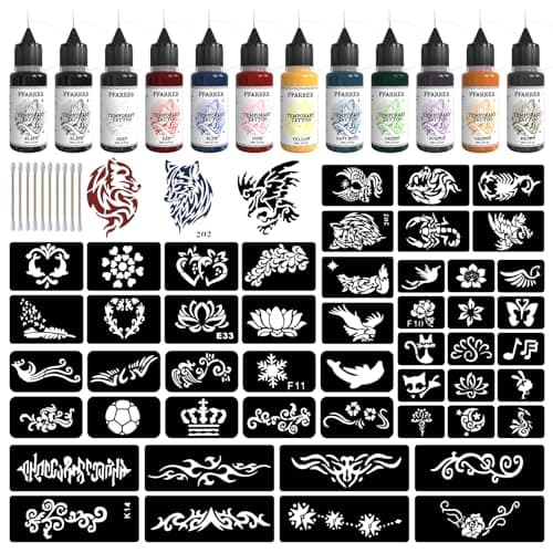 Tatuaggi temporanei del tatuaggio di colore 12 bottiglie, 49 grandi pezzi Stencils Kit per la pittura del corpo fai da te falsi tatuaggi per i bambini ZYH2309002KIT