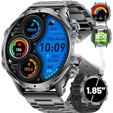 Smartwatch Orologio Uomo con Torcia 800mAh Batteria 1,85'' Grande Schermo, Chiamate Bluetooth, 5 ATM Impermeabile, 107 Modalità Sportive Frequenza Cardiaca/Contapassi Android iOS Smartwatch Uomo
