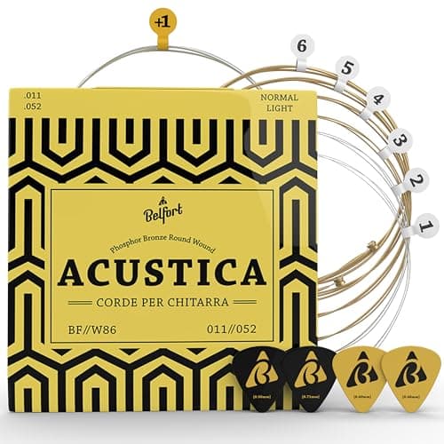 Belfort® Set di Corde per Chitarra Acustica (011) - Muta di 6 Corde - Inclusi 4 plettri + Corda Mi extra - Accessori per Chitarra Acustica (Acoustic Guitar Strings)