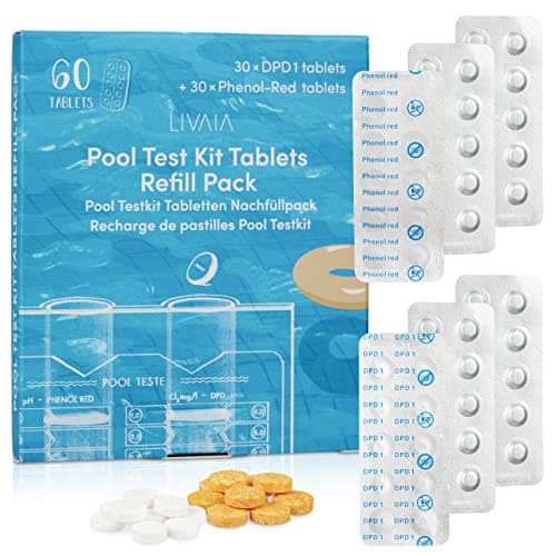 Tester per piscina cloro e pH: set di pastiglie di prova per piscina – 30 compresse rosse fenolo, 30 compresse DPD1 – valore pH e cloro libero, tester per pH LIVAIA