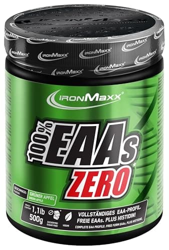 IronMaxx 100% EAAs Zero - Aminoacidi in polvere- integratore a base degli 8 aminoacidi essenziali con alto contenuto di BCAA- vegano- senza zuccheri- gusto: Mela Verde - Alta Dose- 500g