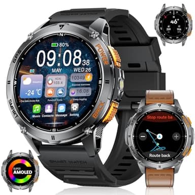 LIGE GPS Smartwatch Uomo 48mm,Militari Smart Watch con Torcia/530 mAh Batteria/Bussola/Barometro,1.43"Amoled Fitness Tracker con Chiamate Bluetooth, 120+Modalità, IP68 per Android iOS, Marrone