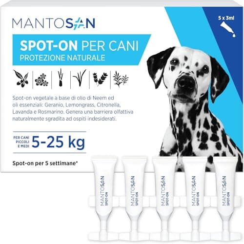 Mantosan Spot-On Vegetale per Cani 5-25kg 5 Pipette da 3ml Protezione Naturale con Olio di Neem Ozonizzato e Oli di Geranio Citronella Lemongrass Lavanda Rosmarino Taglia Piccola Media Made in Italy