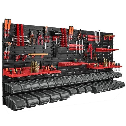 Scaffalatura da parete da 178 x 78 cm, 30 scatole nero con coperchio, porta attrezzi, per officina e banco da lavoro, scaffale porta attrezzi da lavoro, banco da lavoro officina con cassetti