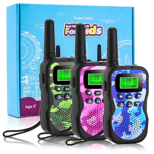 Walkie-Talkie Bambini Giocattolo, 8 Canali 3KM Lungo Raggio Ricetrasmittenti Bambini con VOX, Scansione Auto e Torcia LED Walkie Talkies per Avventura AllAperto Campeggio (3Pcs Camo Rosa Verde Blu)
