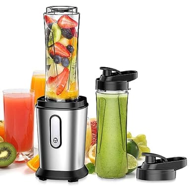 Frullatore, 500W Frullatore Elettrico, Mini Frullatore Portatile Frullatore Smoothie con 2 Bottiglie Portatili 600ml, Frullatore Tritatutto Multifunzione per Gelato, Frutta, Verdura