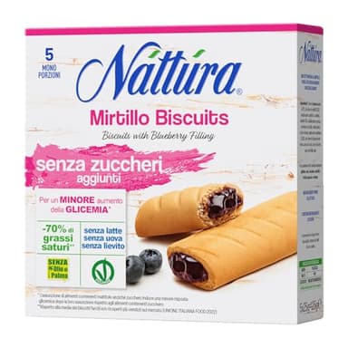 NATTURA Mirtillo Biscuits Senza Zuccheri, Biscotti Senza Latte e Uova, Ripieni di Farcitura al Mirtillo, con il -85% di Grassi Saturi, Vegan, Senza Lievito e Olio di Palma, 125 g (5 x 25g)