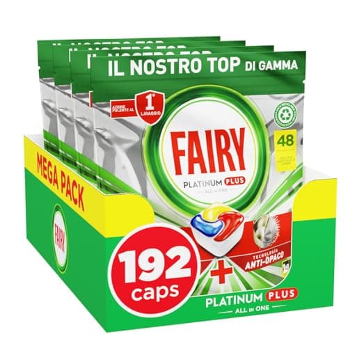 Fairy Platinum Detersivo Pastiglie Lavastoviglie Plus, Brillantante, 192 Capsule Lavastoviglie, Limone, Tecnologia Anti-Opaco, Contro Il Grasso e le Incrostazioni Ostinate Anche Nei Cicli Brevi