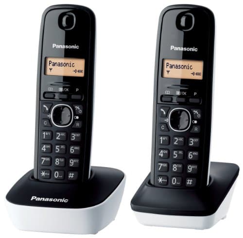 Panasonic KX-TG1612JTW Telefono Cordless DECT Doppio con Base Montabile a Parete, Rubrica da 50 voci, Nero/Bianco
