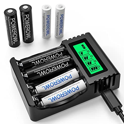 POWEROWL 4 Slot Caricabatterie Indipendente per AA AAA Ricaricabili Batteriei Ni-MH,Caricatore Ricarica Rapida USB +4 PCS AA Batterie 2800mAh+ 4 PCS AAA Batterie Ricaricabili 1000mAh
