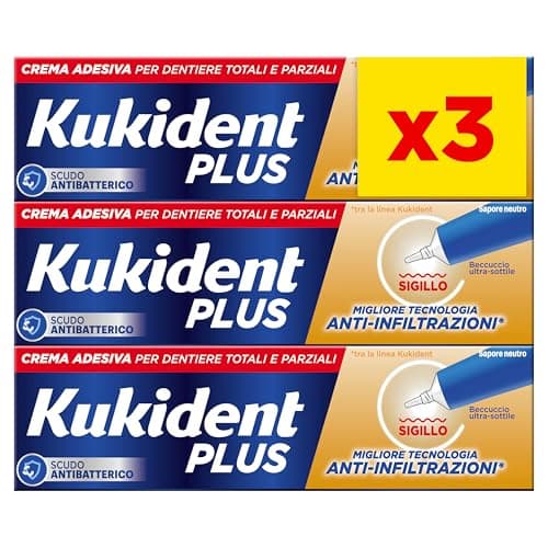 Kukident Plus Crema Adesiva Sigillo, Colla per Denti per Dentiere Totali e Parziali, 3 Confezioni da 35g, Sapore Neutro, Tecnologia Antinfiltrazioni