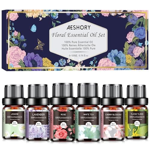 AESHORY Floreali Oli Essenziali per Diffusori 6 x 10ML, Set di Olio Essenziale di Aromaterapia Naturale al 100% per Massaggio, SPA - Lavanda, Rosa, Tè Bianco, Fiori di Ciliegio, Gelsomino, Ylang Ylang