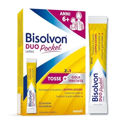 Bisolvon Duo Pocket Sciroppo Tosse, Sciroppo Tosse Secca e Tosse Grassa Adulti e Bambini 6+, Senza Glutine, Senza Lattosio - Calma lo Stimolo a Tossire e dà sollievo alla Gola Irritata (12 Bustine)