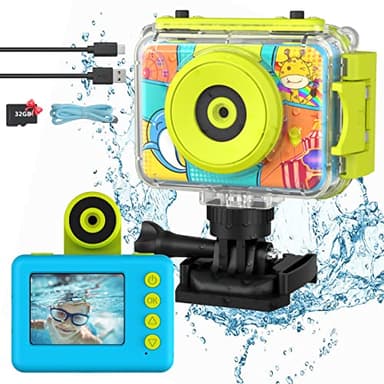 Ushining Fotocamera Impermeabile per Bambini, Macchina Fotografica Bambini Subacquea, 1080P Videocamera Bambini con 2,0 Pollici Schermo 32GB TF Scheda, Regalo per Ragazzi e Ragazze da 3-12 Anni, Blu