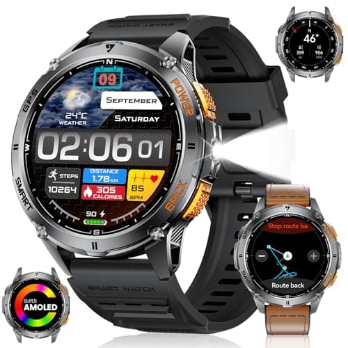 ESFOE Orologio Smartwatch Uomo GPS con 5ATM Impermeabile Smart Watch Militare Nuoto, Bussola/Barometro Pressione/Altimetro, 1,43'' HD AMOLED Fitness Watch con Frequenza Cardiaca/SpO2 per Android iOS
