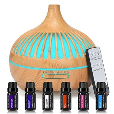 Diffusore Di Aromi, Oli Essenziali, 550ml Umidificatore Da Con Set Di 6 Oli Essenziali Puri, Controllo Della Nebbia, Spegnimento Automatico Senza Acqua e 7 Colori Led Che Cambiano