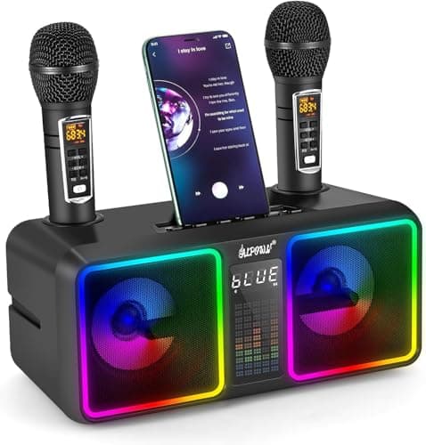ALPOWL Karaoke Professionale Completo per Bambini e Adulti con 2 Microfono Wireless UHF, Cassa Bluetooth Potente con LED Striscia Cambianti Colore per Festa di