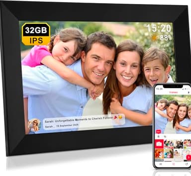 FRAMEO 32GB Cornice Digitale 10,1 Pollici WiFi, Schermo Touch IPS HD 1280x800, Presentazioni, Meteo, Teamperature, Tempo, Rotazione Automatica, Condivisione Istantanea delle Foto (Nero)