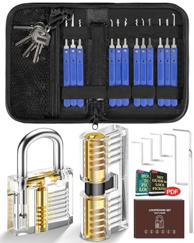 Set Fabbro, IPSXP Grimaldelli da 25 Pezzi Lock Picking con 2 Trasparente Serratura Lucchetto con Borsa di Pelle, Pratica Aprire le Serrature Set per Principianti