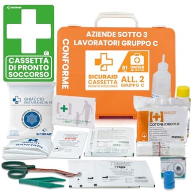 SICURAID Cassetta Pronto Soccorso All. 2 C con Cartello Segnaletico – Kit Primo Soccorso Aziendale Conforme DM 388/2003 Attività fino a 2 Dip. Valigetta Medica con Dispositivi CE e MDR