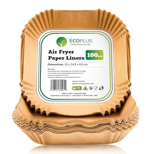 ECOPLUS Carta forno Quadrata per friggitrice ad aria 100 pezzi, BPA Free 20 x 20 x 4,5 cm, Carta Air Fryer Antiaderente, Usa e Getta - Compatibile con tutte i modelli - Ideale per una cottura sana