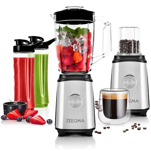 ZEEGMA Vitamine, Frullatore multifunzione 4 in 1 da 1050 W con brocca da 1 litro, frullatore elettrico per smoothie con blocco sicuro, macinacaffè, lame a croce, 2 bottiglie sportive da 600 ml