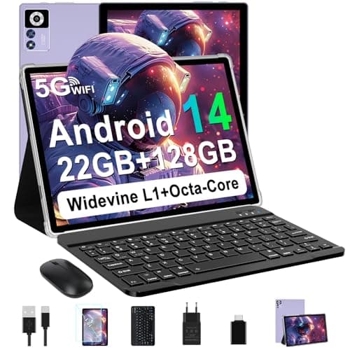 ZIOVO Android 14 Tablet 10 Pollici, 22GB RAM+128GB ROM (TF 1TB), 5G WiFi Tablets, Supporto Widevine L1/Octa-Core/8000mAh/Corpo Metallico/8+5MP, 2 in 1 Tablet PC con Tastiera e Mouse- Viola