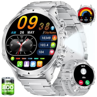 Orologio da uomo militare da 1,85 pollici HD grande schermo / 800 mAh batteria/LED lampada, Smartwatch uomo con 100+ modalità sportive, 5 ATM impermeabile, 24/7 monitor di frequenza cardiaca e sonno