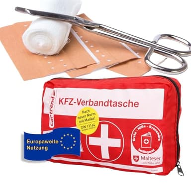 Cartrend 7730042 kit di primo soccorso rosso, DIN 13164, con misure di emergenza di primo soccorso maltesi