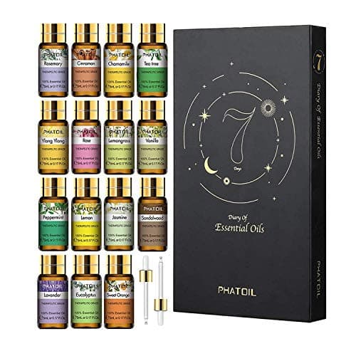 PHATOIL Olio Essenziale 15Pcs Lavanda, Eucalipto, Gelsomino, Citronella, Arancia Dolce, Legno di Sandalo, Menta Piperita, Vaniglia, Rosa, Limone, Ylang, Camomilla, Melaleuca, Cannella, Rosmarino