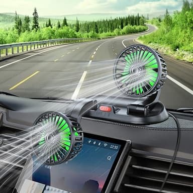 Ventilatore per Auto Doppia Testa Ventilatore 360° Ruotabile Portatile, 12V/24V Ventola per Veicoli USB 2 Velocità Vento Forte Ventilatore per Cruscotto Estate Aria Fresca per Camion,Van,Barca,RV