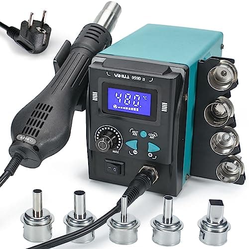 YIHUA 959D-II stazione saldante ad aria calda professionale per saldatura e dissaldante SMD con schermo LCD, ugelli a cambio rapido, Auto Start/Stop,temperatura regolabile e volume d'aria(EU plug)