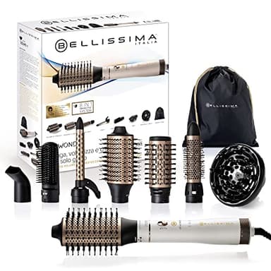 Bellissima Imetec Air Wonder, Spazzola Ad Aria Calda, Tecnologia a Ioni, Spazzole Rivestite In Ceramica e Cheratina, Asciuga, Dona Volume, 8 Accessori, 1000 W, bianco