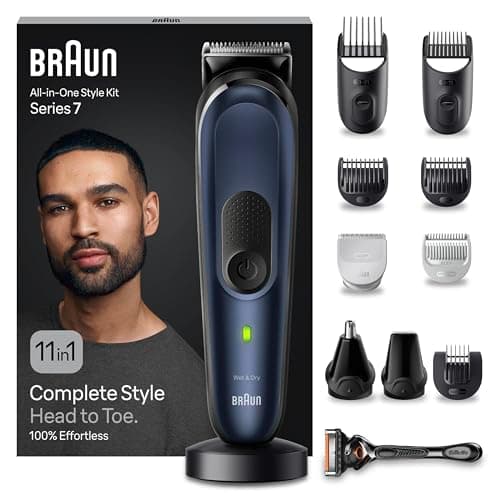 Braun Rasoio Elettrico Barba e Capelli, REGOLABARBA UOMO e Tagliacapelli Uomo, 11-in-1 Styling Kit per Barba, Capelli, Corpo, Naso e Orecchie, 100 Minuti Di Utilizzo, Idea Regalo, MGK7450 Blu
