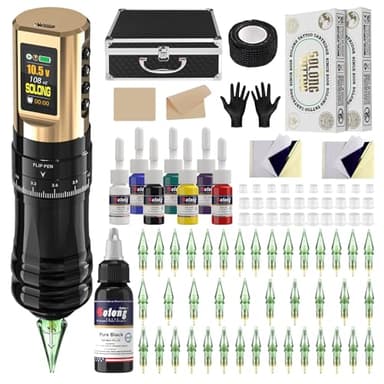 Solong Tattoo Machine Kit Professional Set, 1800mAh Wireless Pen LCD Screen, 40 Needles, 8 Inks, Ideal for Beginners and Artists Model SLE96EN01SEU-9