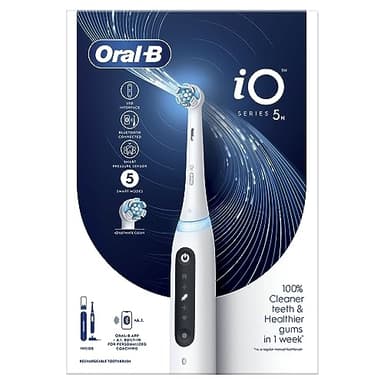 Oral-B Spazzolino Elettrico Ricaricabile iO 5N, Sensore di Pressione, Intelligenza Artificiale, 5 Modalità di Spazzolamento, 1 Testina, 1 Spazzolino, 1 Custodia da Viaggio, Bianco, Idea Regalo