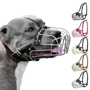BronzeDog Amstaff - Museruola per cani con maschera metallica e cinghie regolabili in pelle per cani di taglia grande
