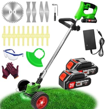 Decespugliatore a Batteria, Tagliabordi Elettrico 21V,Tagliaerba a Batteria con 2 2.0Ah Batterie e 4 Tipi di Lame, Ruote Rimovibili, Decespugliatori da Giardino Altezza Regolabile per Prati,Arbusti