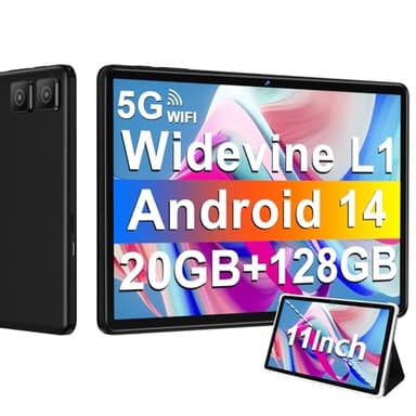 Tablet 11 Pollici Android 14 con Widevine L1, 8000 mAh+Ricarica Rapida 18 W, 5MP+13MP, 20 GB RAM+128 GB ROM (Espandibile Fino a 1 TB), 5G Wi-Fi, GPS, Octa-Core 2.0 GHz, 1280*800, Face ID, USB-C, Nero