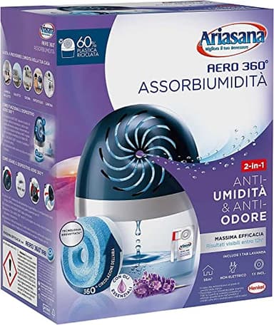Ariasana Aero 360° kit assorbiumidità, deumidificatore ricaricabile non elettrico, assorbi umidità contro condensa e muffa, 1 dispositivo e 1 ricarica Tab lavanda da 450g