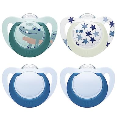 NUK Star Day & Night ciuccio | 18-36 mesi | Calma il 99% dei bambini | Succhietti in silicone senza BPA | Glow-In-The-Dark per trovarli la notte | Coccodrillo | 4 pezzi